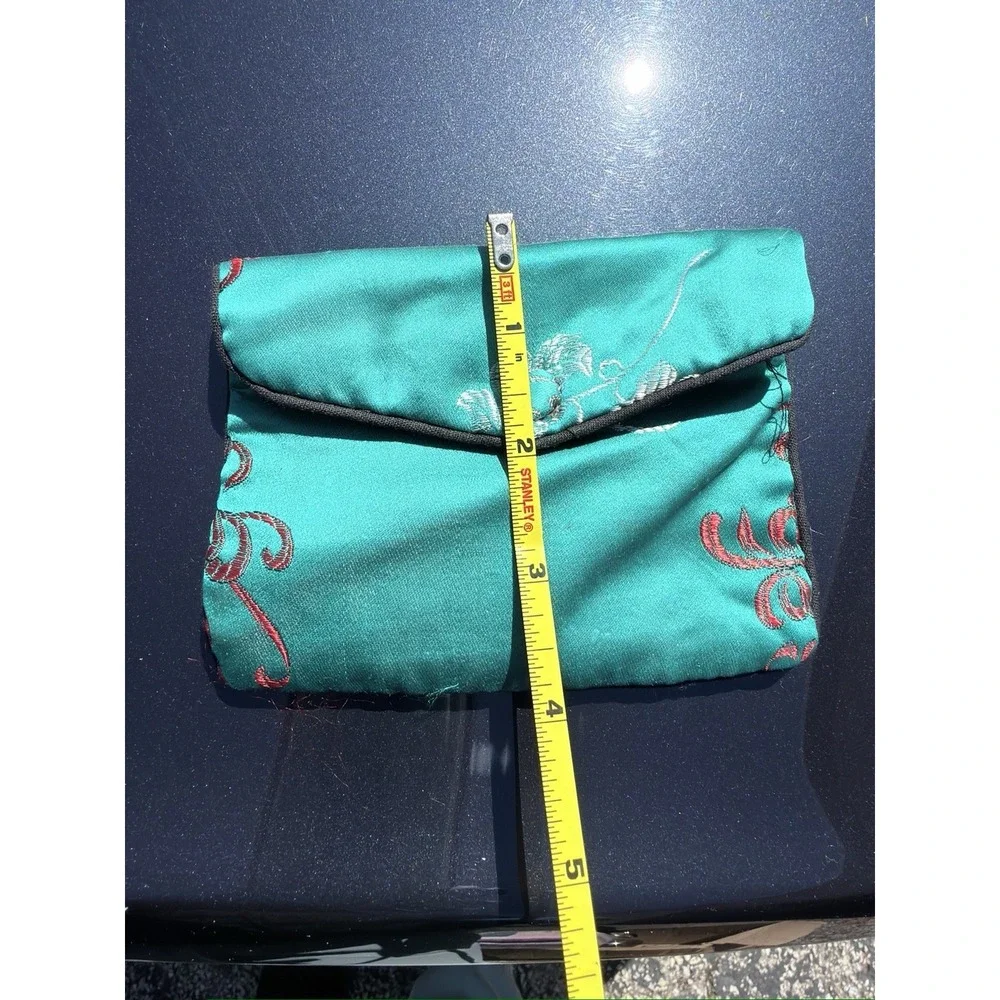 Vintage Brocade Jewelry Pouch Green Red‎ Fabric Coin Purse Small